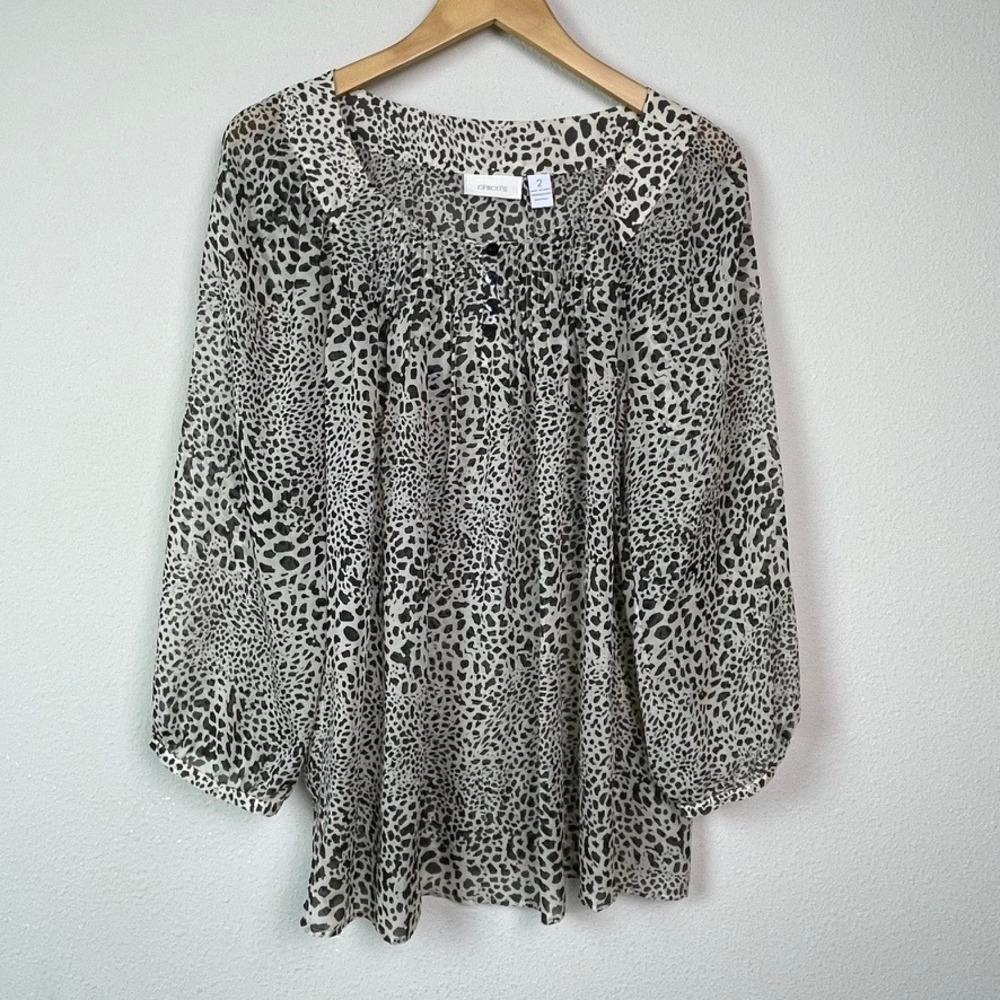 Chicos Leopard Print Chiffon Blouse Black White Pleated Neck Size 2 L Large